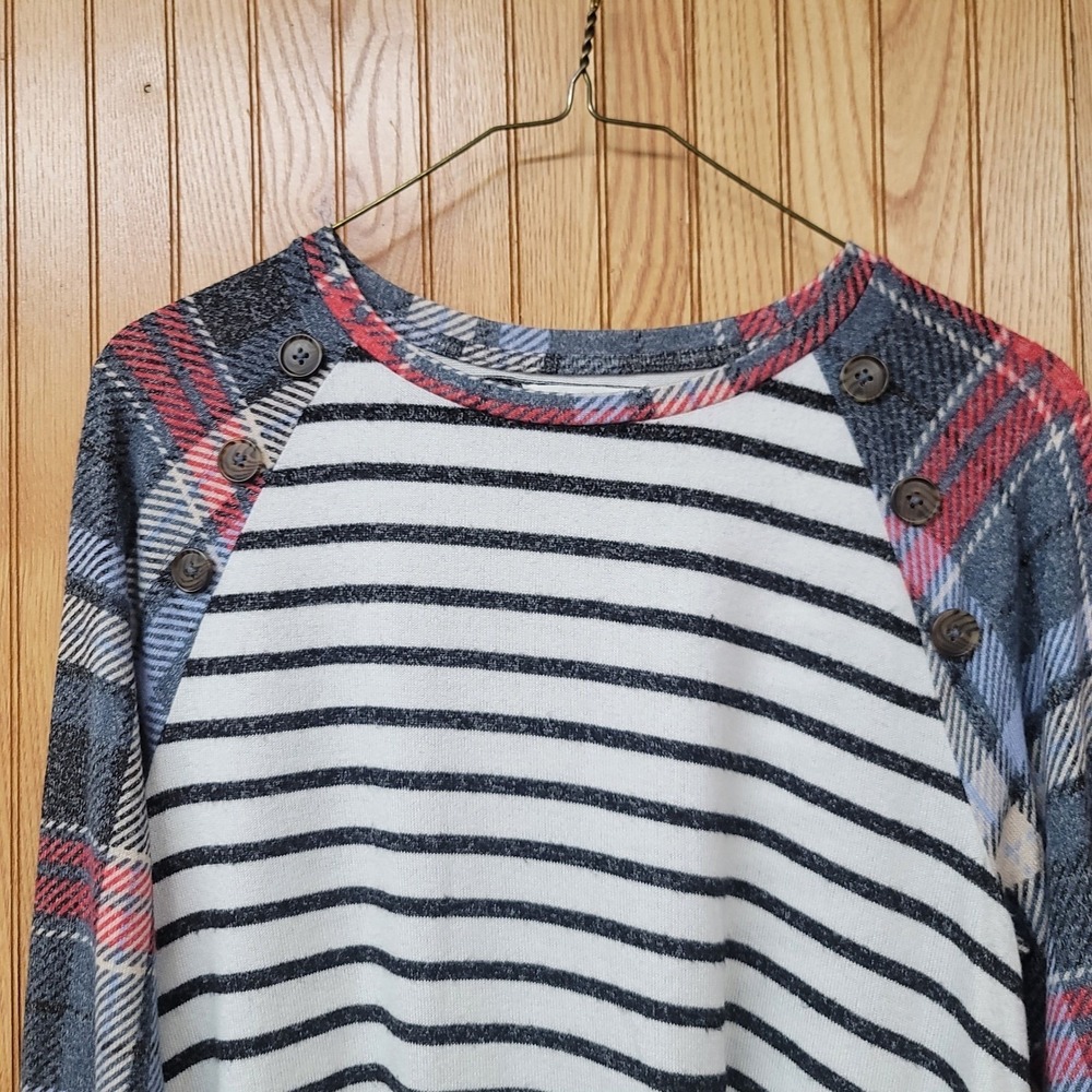 Womens Striped Plaid Raglan Cozy Soft Preppy Long Sleeve Top Front Knot Button M